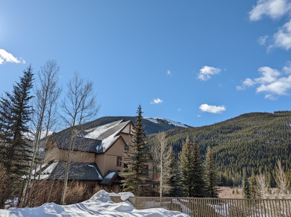 Mountain retreat nestled among snow-covered peaks and evergreen forests