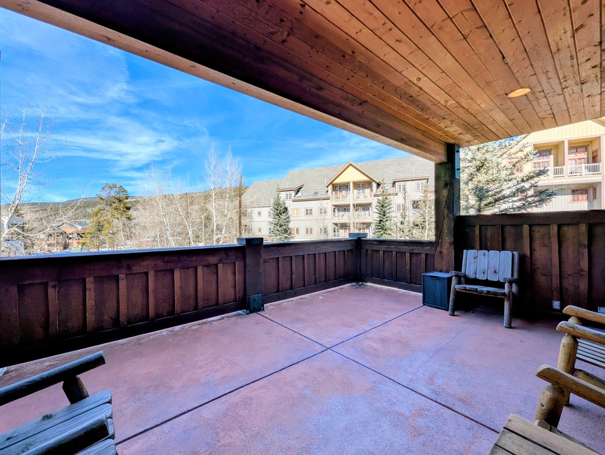 Spacious private balcony with comfortable seating overlooks mountain views, perfect for morning coffee or evening relaxation in the fresh alpine air.