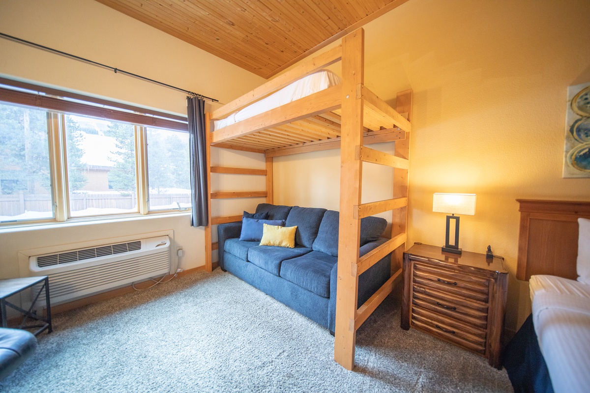 Cozy couch with a lofted bed