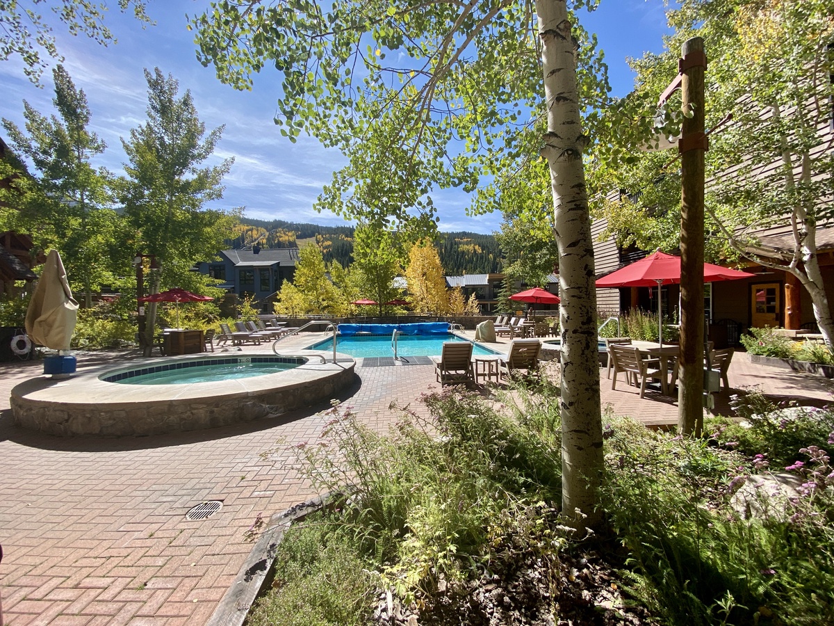Private patio view of the pool and hot tubs #fall