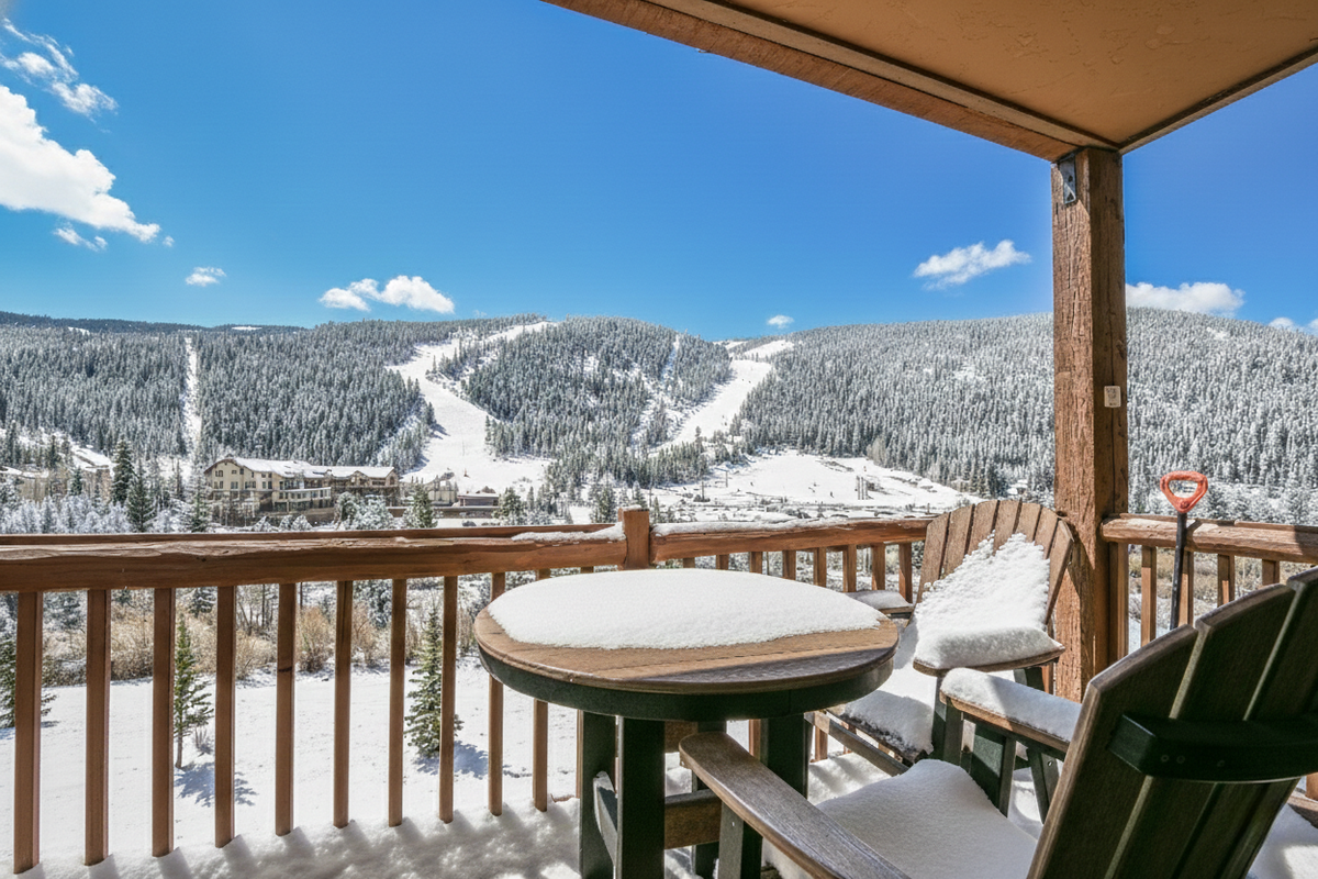 Snow-covered ski slopes and forested mountains stretch before this alpine balcony, offering spectacular winter views from the property.