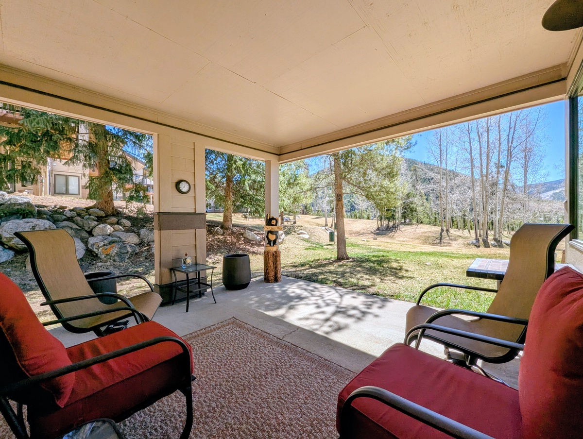 Relax in your private screened patio with mountain views, perfect for morning coffee or evening conversations in comfortable outdoor seating.
