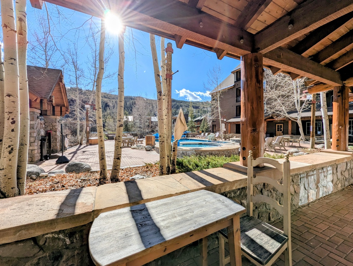 Patio overlooking the pool and hot tubs