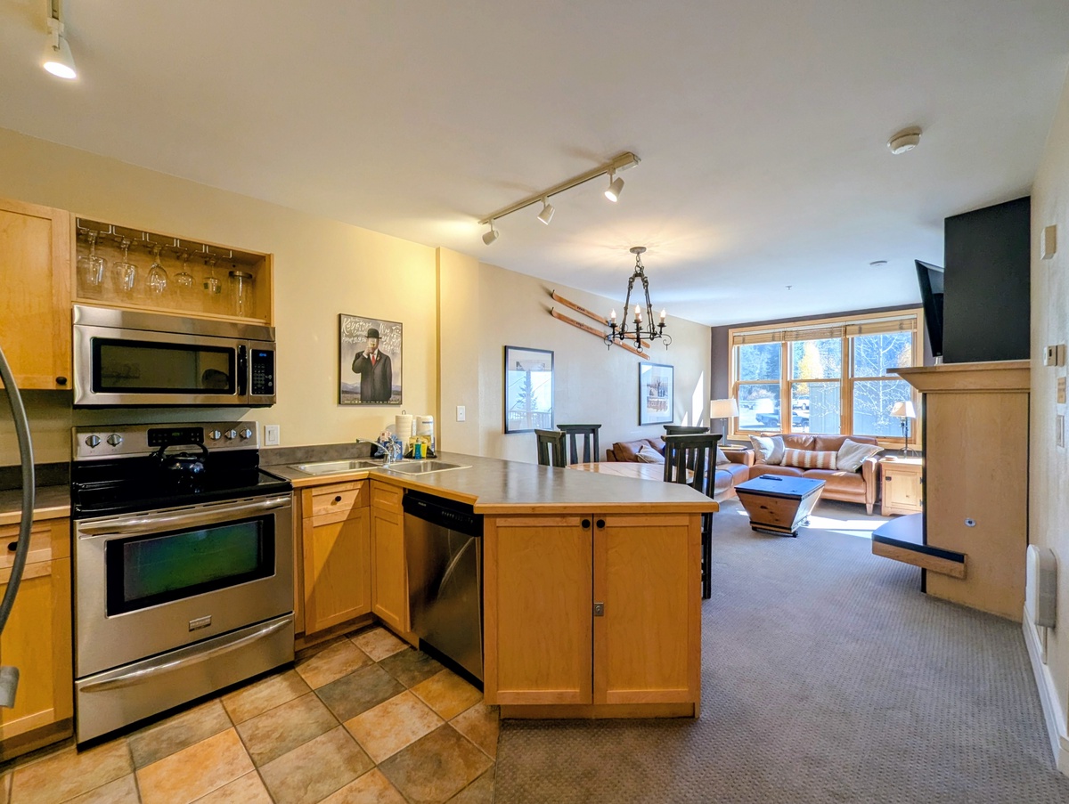 Open kitchen flows into the living room