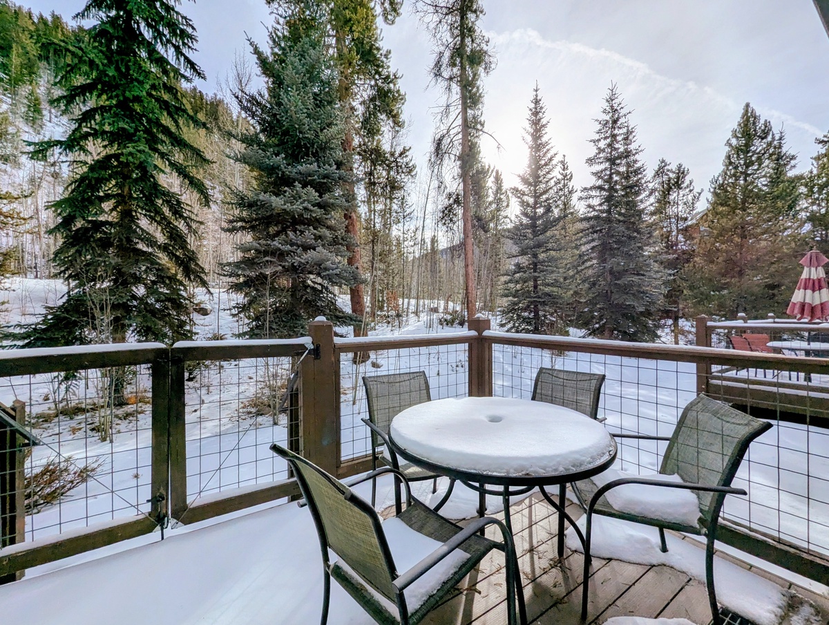 Step onto your private balcony where snow-dusted pines create a magical winter backdrop for morning coffee or evening relaxation. #Winter