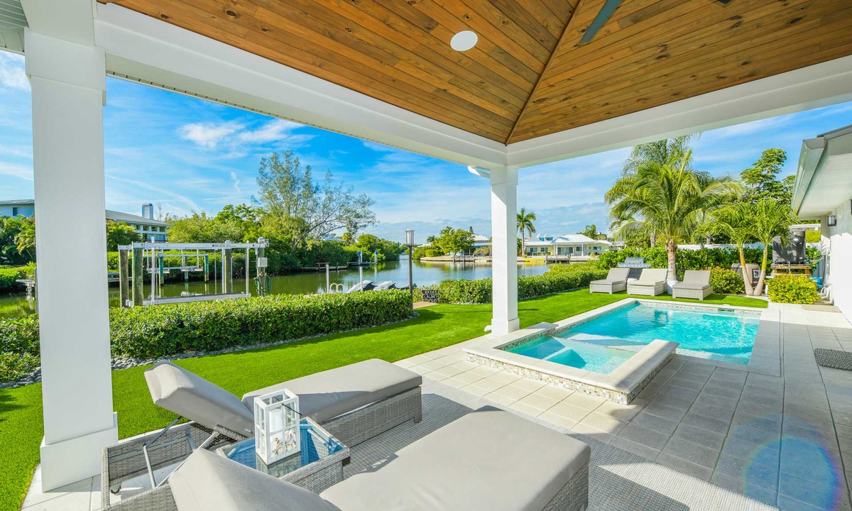 Porch and pool area of a vacation rental on Anna Maria Island