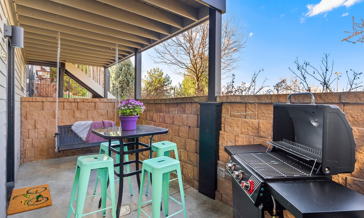 Back Patio with Porch Swing, BBQ Grill and Outdoor Dining Set