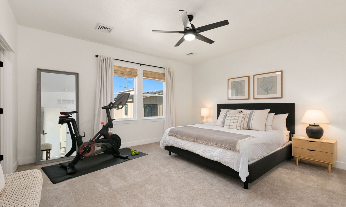 Bedroom 1 | King Bed w/ Ensuite Bath and Peloton Exercise Bike (upper level)