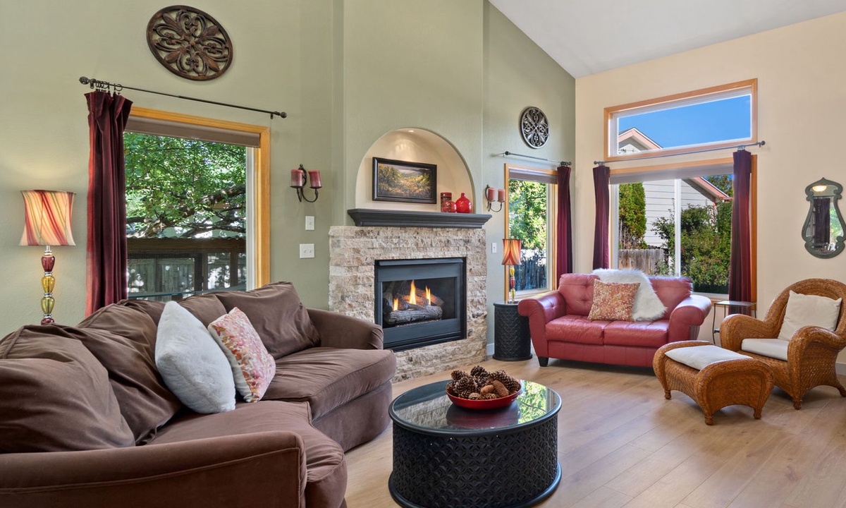 Cozy Living Room | Gas fireplace, skylights and Smart TV