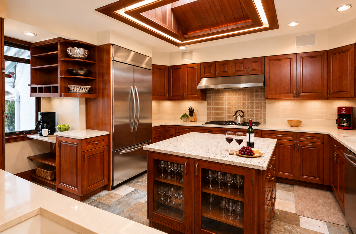 Your gourmet kitchen awaits with rich cherry cabinetry, granite counters, and stainless appliances. The center island invites you to gather for wine and conversation under elegant recessed lighting.
