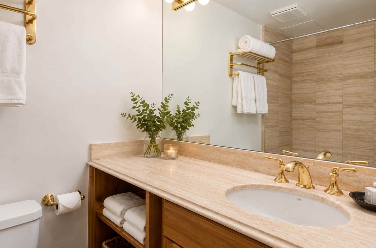 Step into your elegantly appointed bathroom with gleaming marble countertops, gold fixtures, and plush towels awaiting. A serene space where every detail has been thoughtfully curated for your comfort.