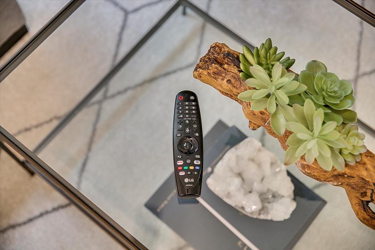 Relax in your stylish living space with modern touches like smart TV control and charming succulents on your glass coffee table.