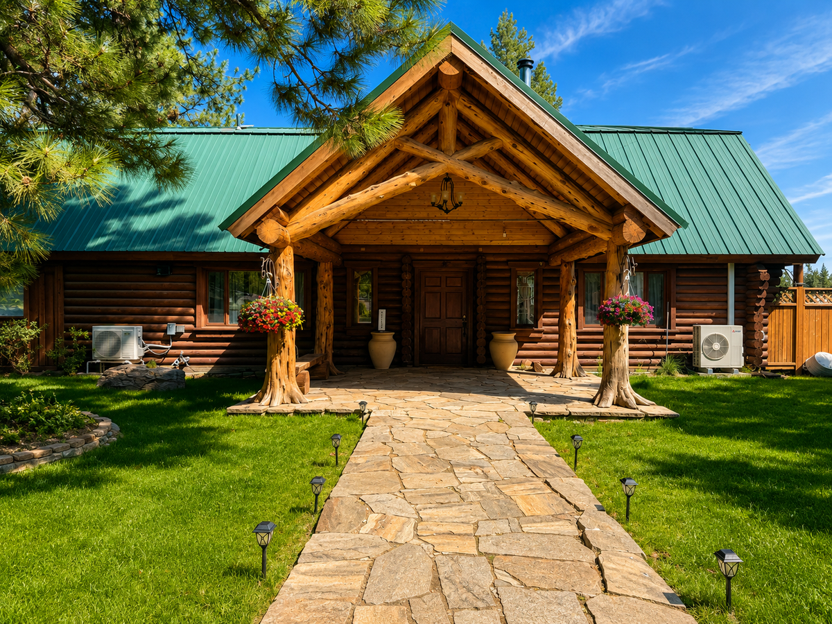 A charming log cabin surrounded by towering pines and lush green lawns, featuring a welcoming covered entrance and colorful floral accents.