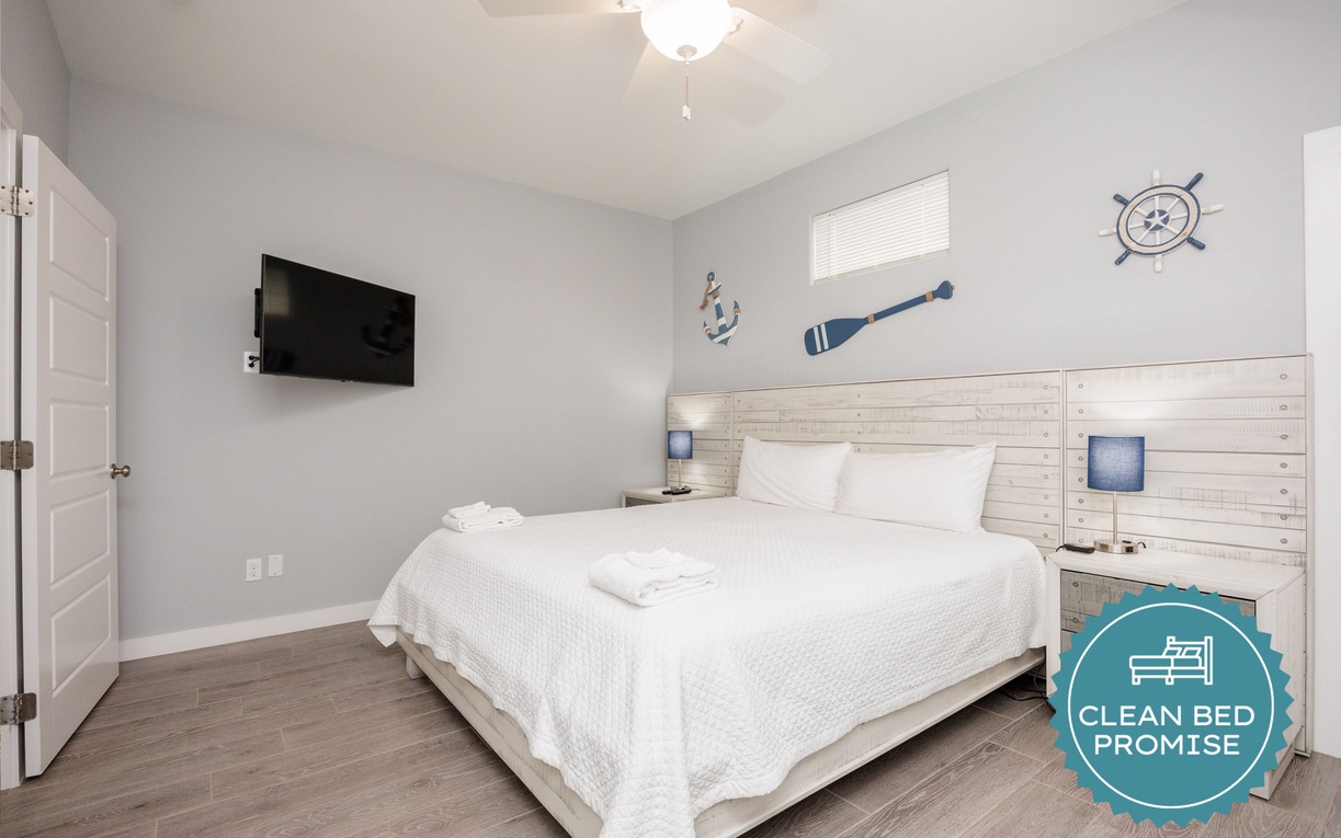 Sleep better at Padre Escapes with our exclusive Clean Bed Promise, providing fresh linens, comforters, and towels washed at high temperatures exceeding CDC recommendations, setting us apart for a truly restful vacation
