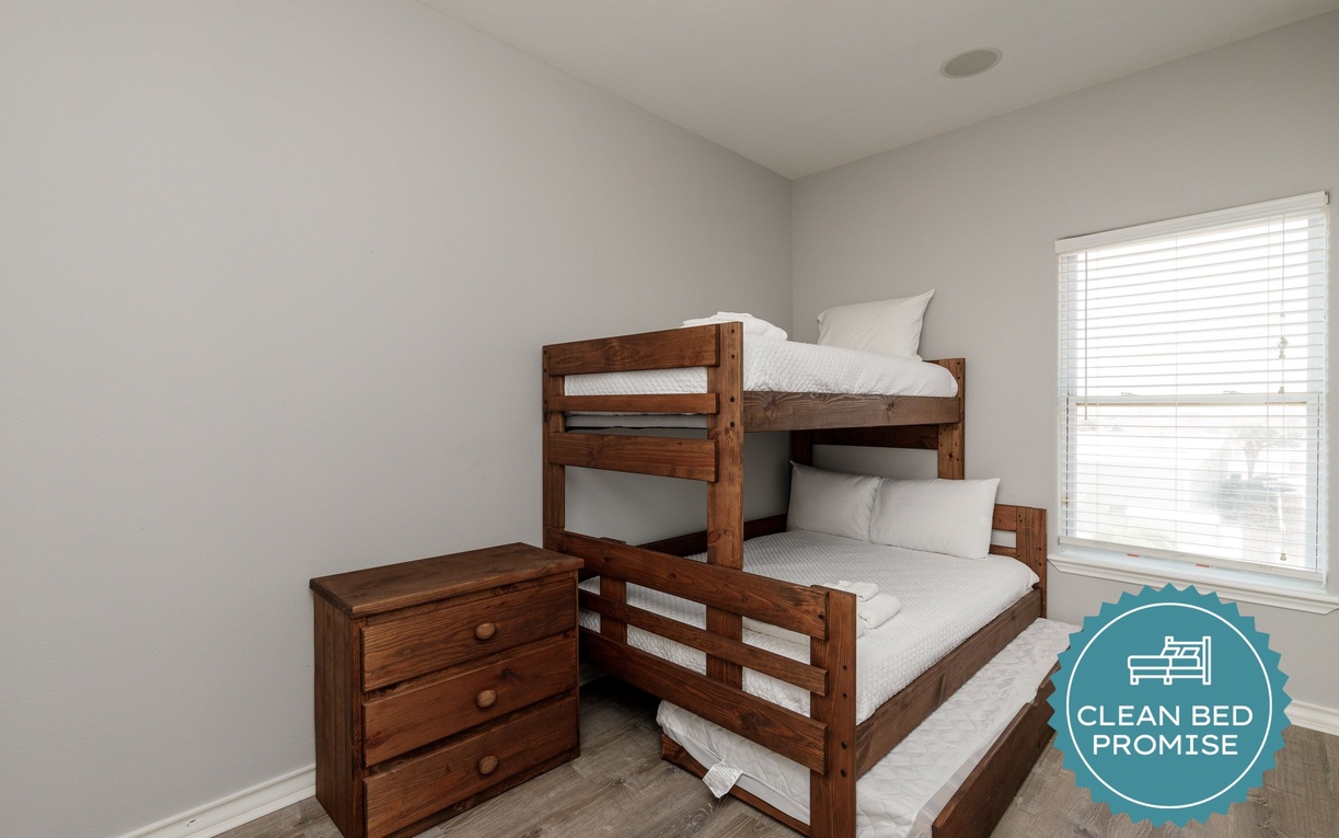 Sleep better at Padre Escapes with our exclusive Clean Bed Promise, providing fresh linens, comforters, and towels washed at high temperatures exceeding CDC recommendations, setting us apart for a truly restful vacation