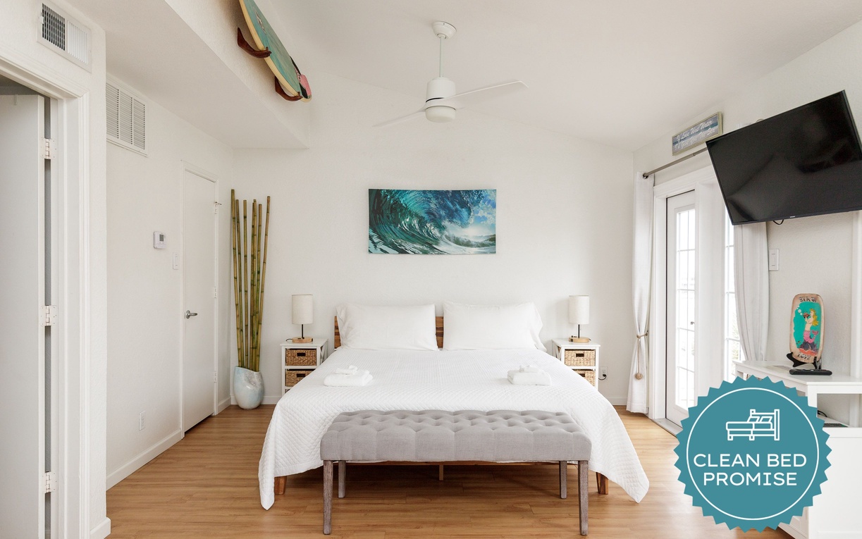 Sleep better at Padre Escapes with our exclusive Clean Bed Promise, providing fresh linens, comforters, and towels washed at high temperatures exceeding CDC recommendations, setting us apart for a truly restful vacation
