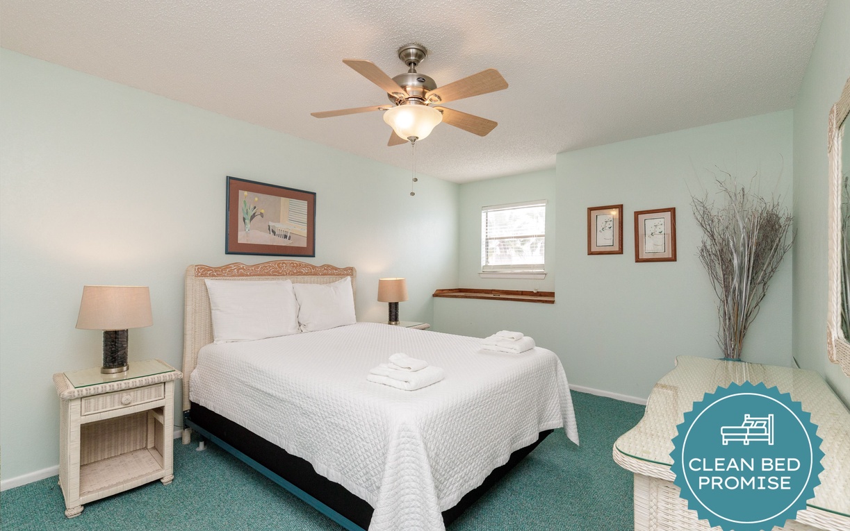 Sleep better at Padre Escapes with our exclusive Clean Bed Promise, providing fresh linens, comforters, and towels washed at high temperatures exceeding CDC recommendations, setting us apart for a truly restful vacation