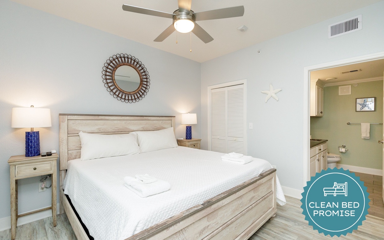 Sleep better at Padre Escapes with our exclusive Clean Bed Promise, providing fresh linens, comforters, and towels washed at high temperatures exceeding CDC recommendations, setting us apart for a truly restful vacation