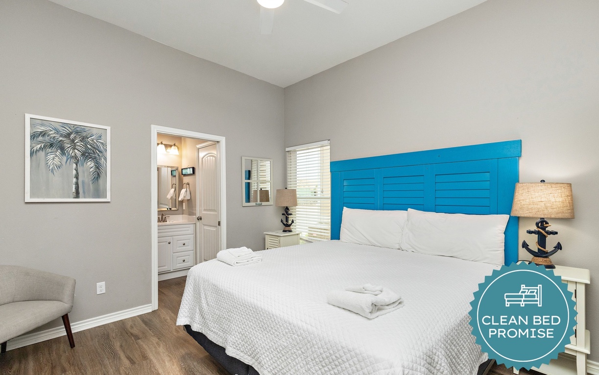Sleep better at Padre Escapes with our exclusive Clean Bed Promise, providing fresh linens, comforters, and towels washed at high temperatures exceeding CDC recommendations, setting us apart for a truly restful vacation