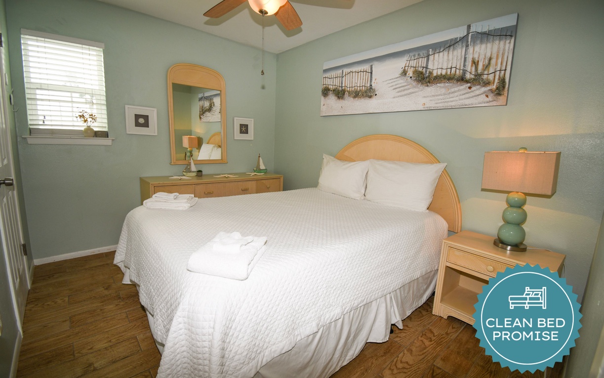 Sleep better at Padre Escapes with our exclusive Clean Bed Promise, providing fresh linens, comforters, and towels washed at high temperatures exceeding CDC recommendations, setting us apart for a truly restful vacation.