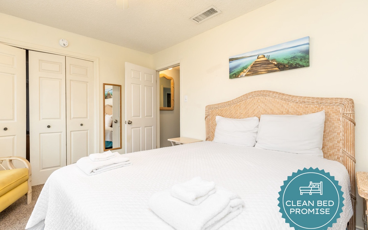 Sleep better at Padre Escapes with our exclusive Clean Bed Promise, providing fresh linens, comforters, and towels washed at high temperatures exceeding CDC recommendations, setting us apart for a truly restful vacation