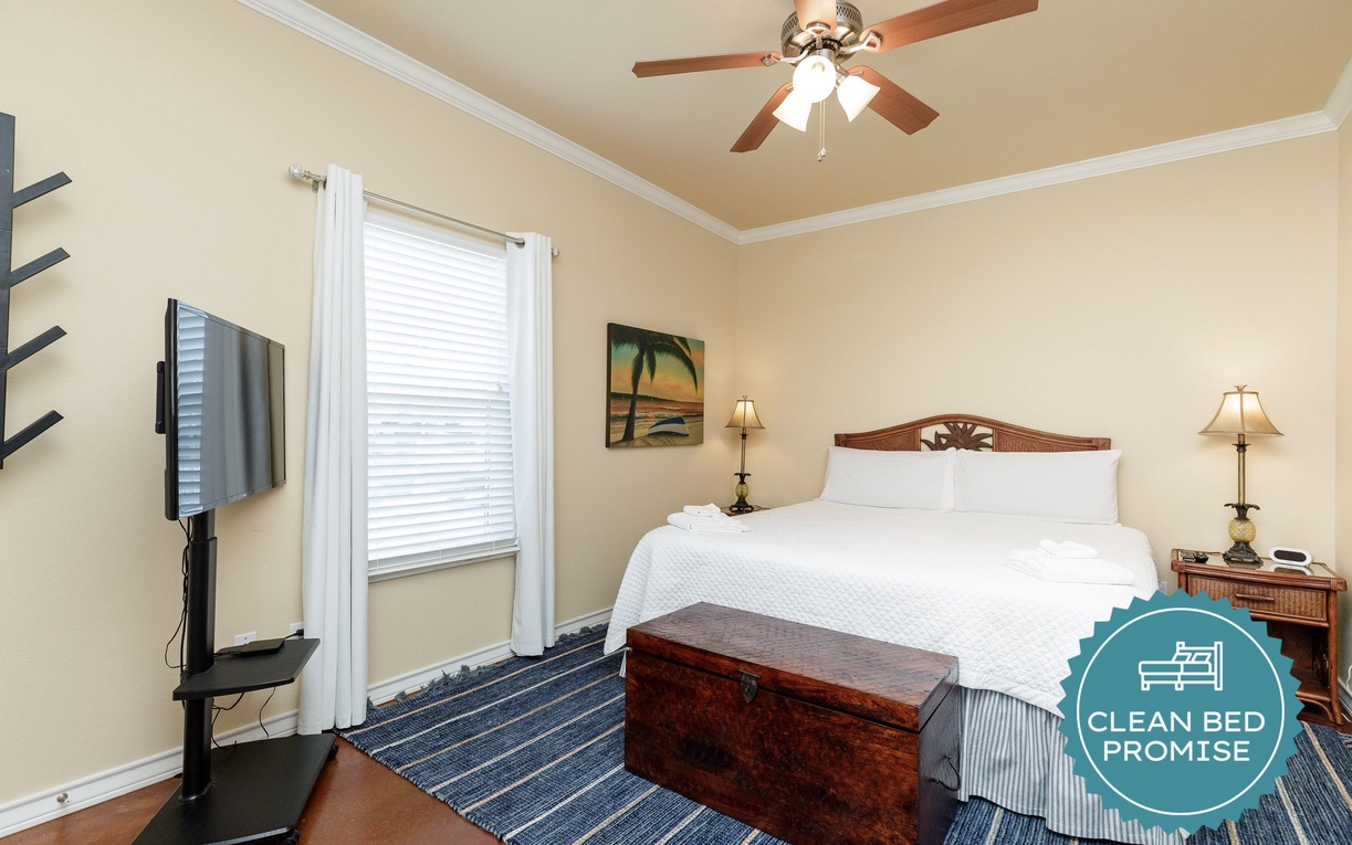 Sleep better at Padre Escapes with our exclusive Clean Bed Promise, providing fresh linens, comforters, and towels washed at high temperatures exceeding CDC recommendations, setting us apart for a truly restful vacation