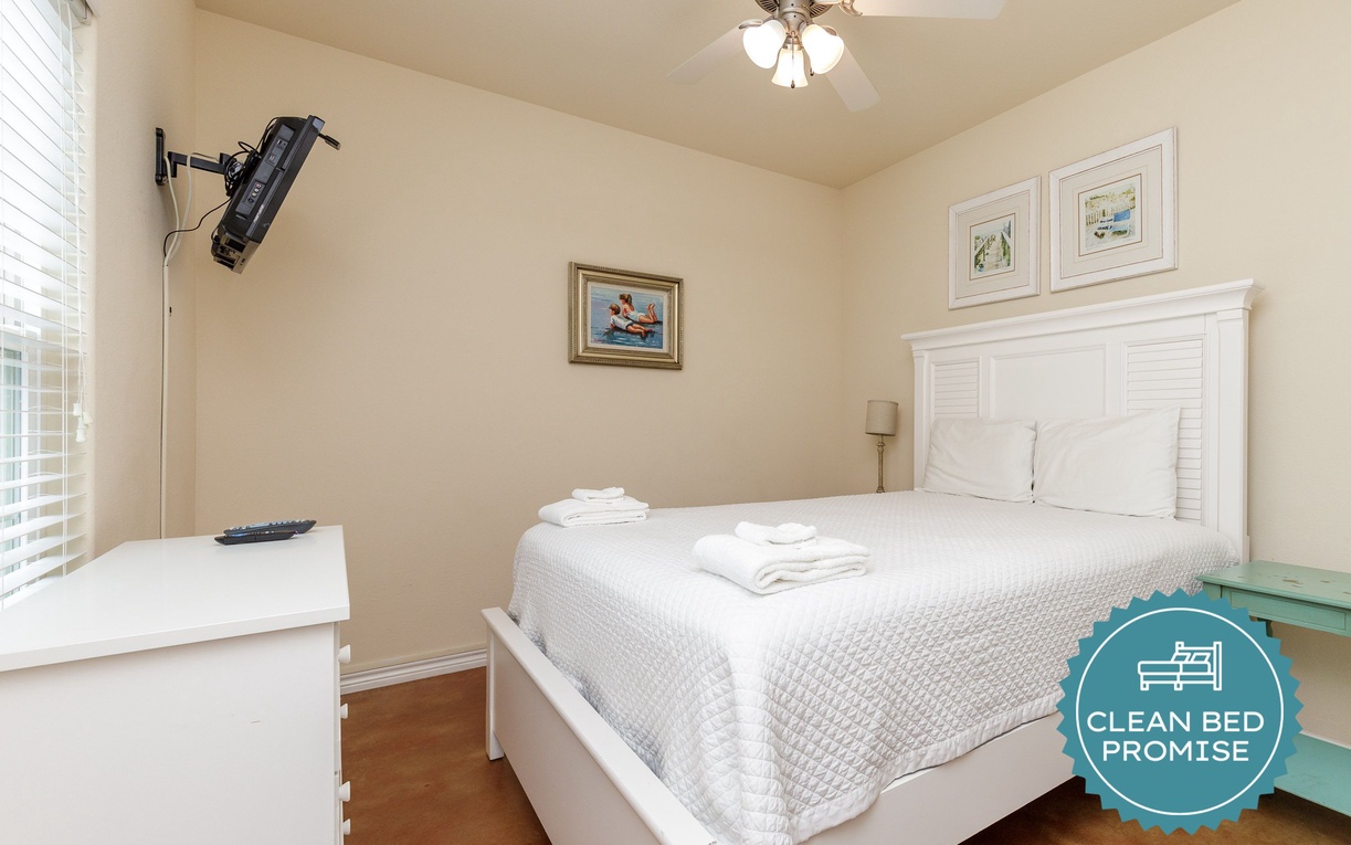 Sleep better at Padre Escapes with our exclusive Clean Bed Promise, providing fresh linens, comforters, and towels washed at high temperatures exceeding CDC recommendations, setting us apart for a truly restful vacation