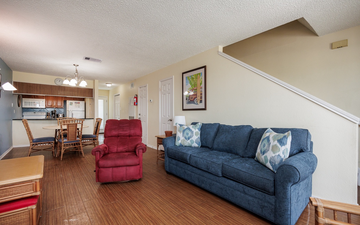 Relax in your spacious open-concept living area, with a queen size sleeper sofa.