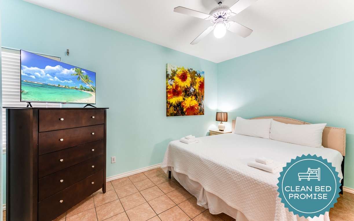 Sleep better at Padre Escapes with our exclusive Clean Bed Promise, providing fresh linens, comforters, and towels washed at high temperatures exceeding CDC recommendations, setting us apart for a truly restful vacation
