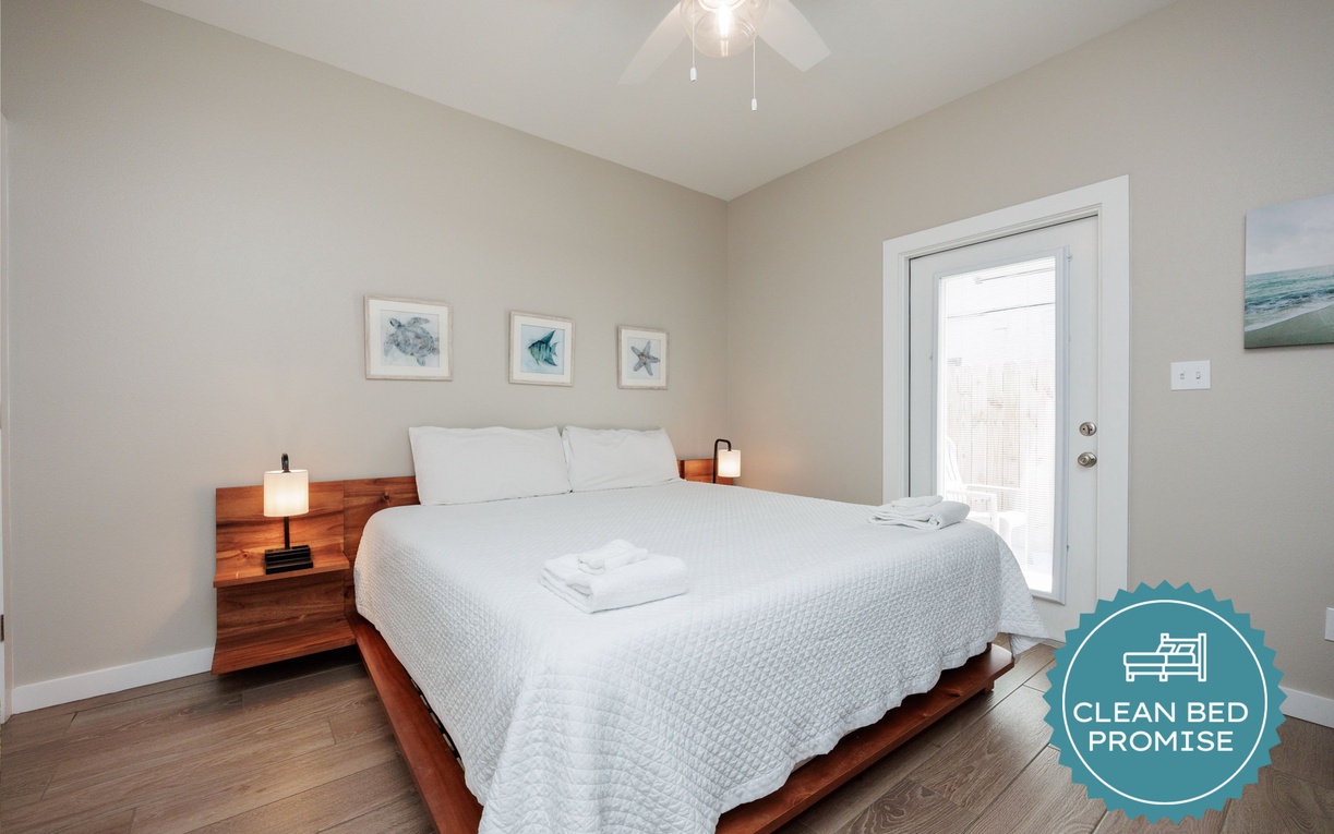 Sleep better at Padre Escapes with our exclusive Clean Bed Promise, providing fresh linens, comforters, and towels washed at high temperatures exceeding CDC recommendations, setting us apart for a truly restful vacation