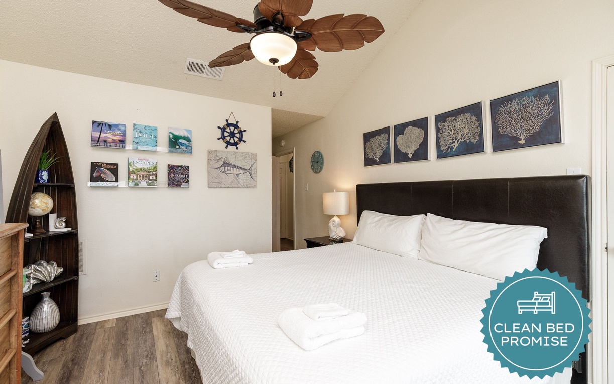 Sleep better at Padre Escapes with our exclusive Clean Bed Promise, providing fresh linens, comforters, and towels washed at high temperatures exceeding CDC recommendations, setting us apart for a truly restful vacation