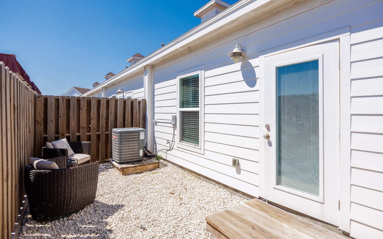Your private patio offers comfortable seating and peaceful outdoor space, perfect for morning coffee or evening relaxation.