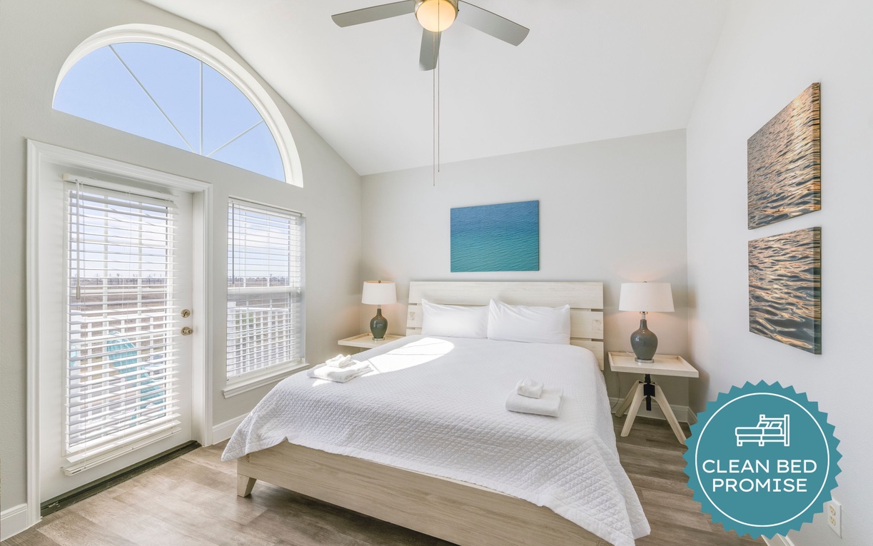 Sleep better at Padre Escapes with our exclusive Clean Bed Promise, providing fresh linens, comforters, and towels washed at high temperatures exceeding CDC recommendations, setting us apart for a truly restful vacation