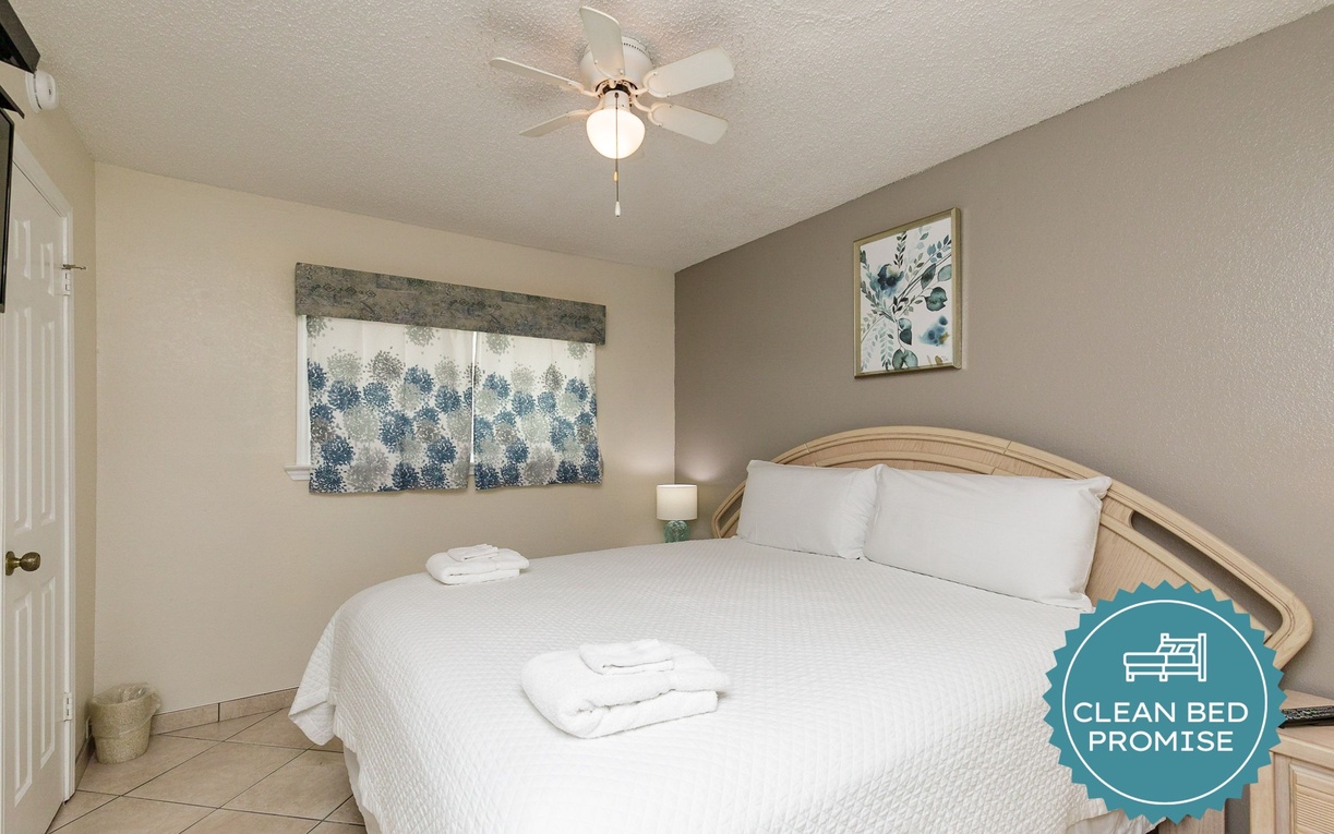 Your peaceful bedroom sanctuary features fresh linens and a ceiling fan to keep you comfortable all night long.