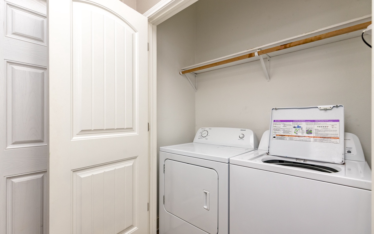 Your private laundry room makes packing light a breeze with full-size washer and dryer plus convenient hanging space.