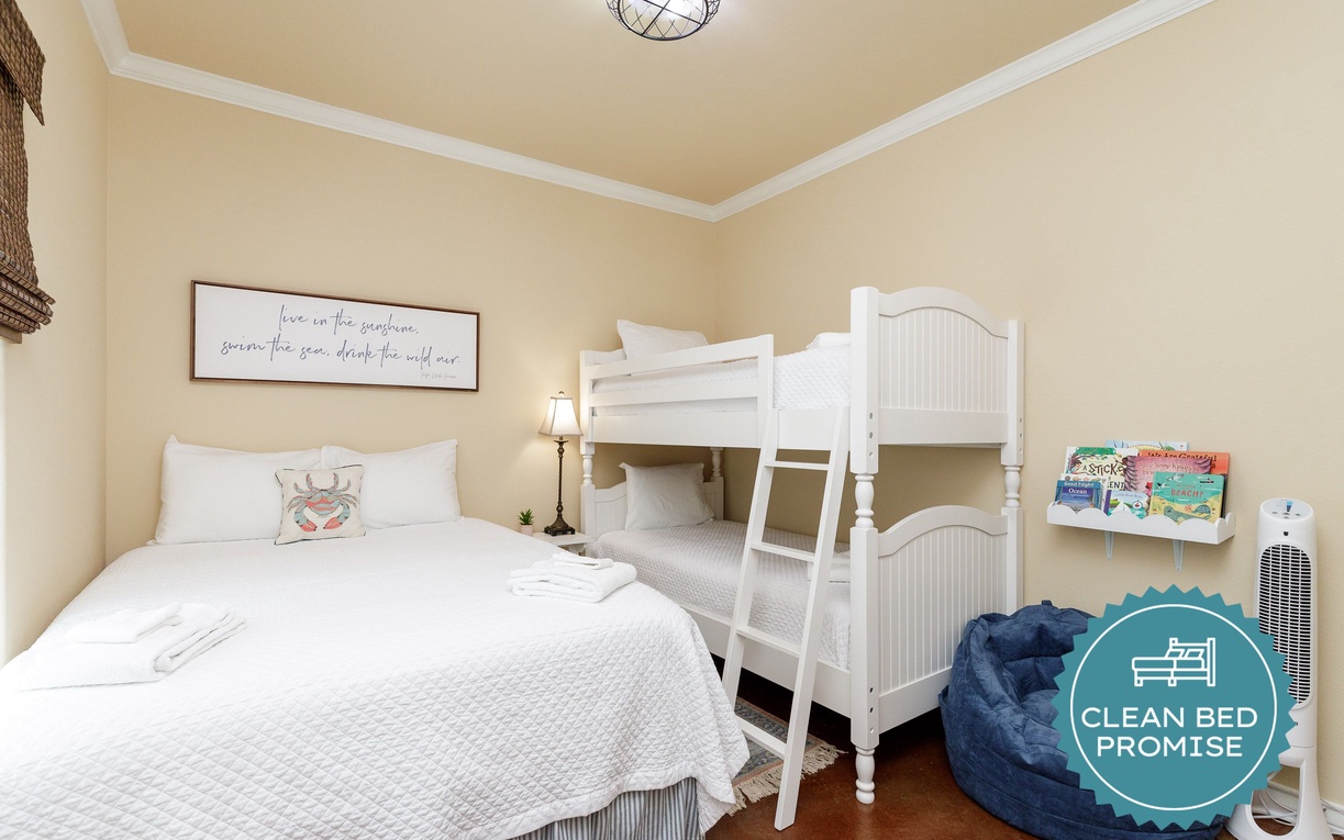 Sleep better at Padre Escapes with our exclusive Clean Bed Promise, providing fresh linens, comforters, and towels washed at high temperatures exceeding CDC recommendations, setting us apart for a truly restful vacation