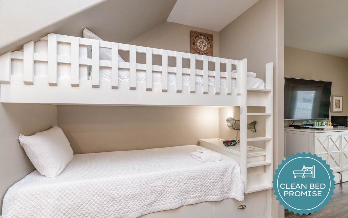 Sleep better at Padre Escapes with our exclusive Clean Bed Promise, providing fresh linens, comforters, and towels washed at high temperatures exceeding CDC recommendations, setting us apart for a truly restful vacation