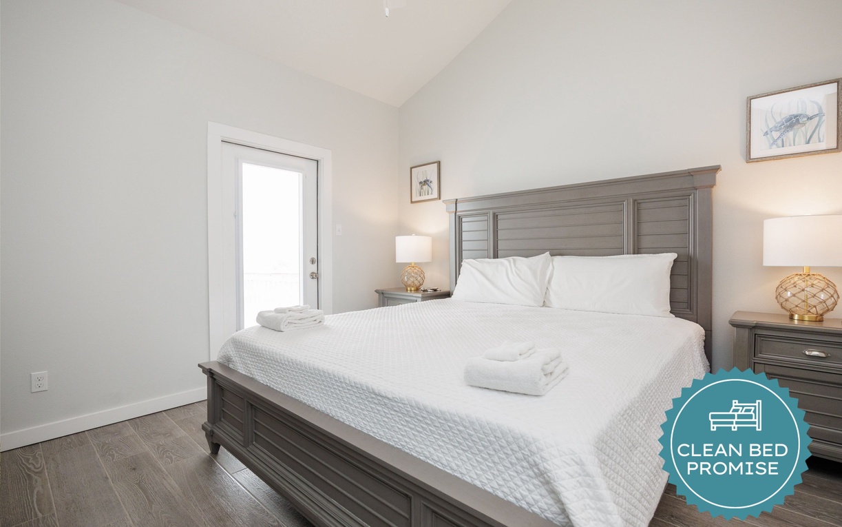 Sleep better at Padre Escapes with our exclusive Clean Bed Promise, providing fresh linens, comforters, and towels washed at high temperatures exceeding CDC recommendations, setting us apart for a truly restful vacation