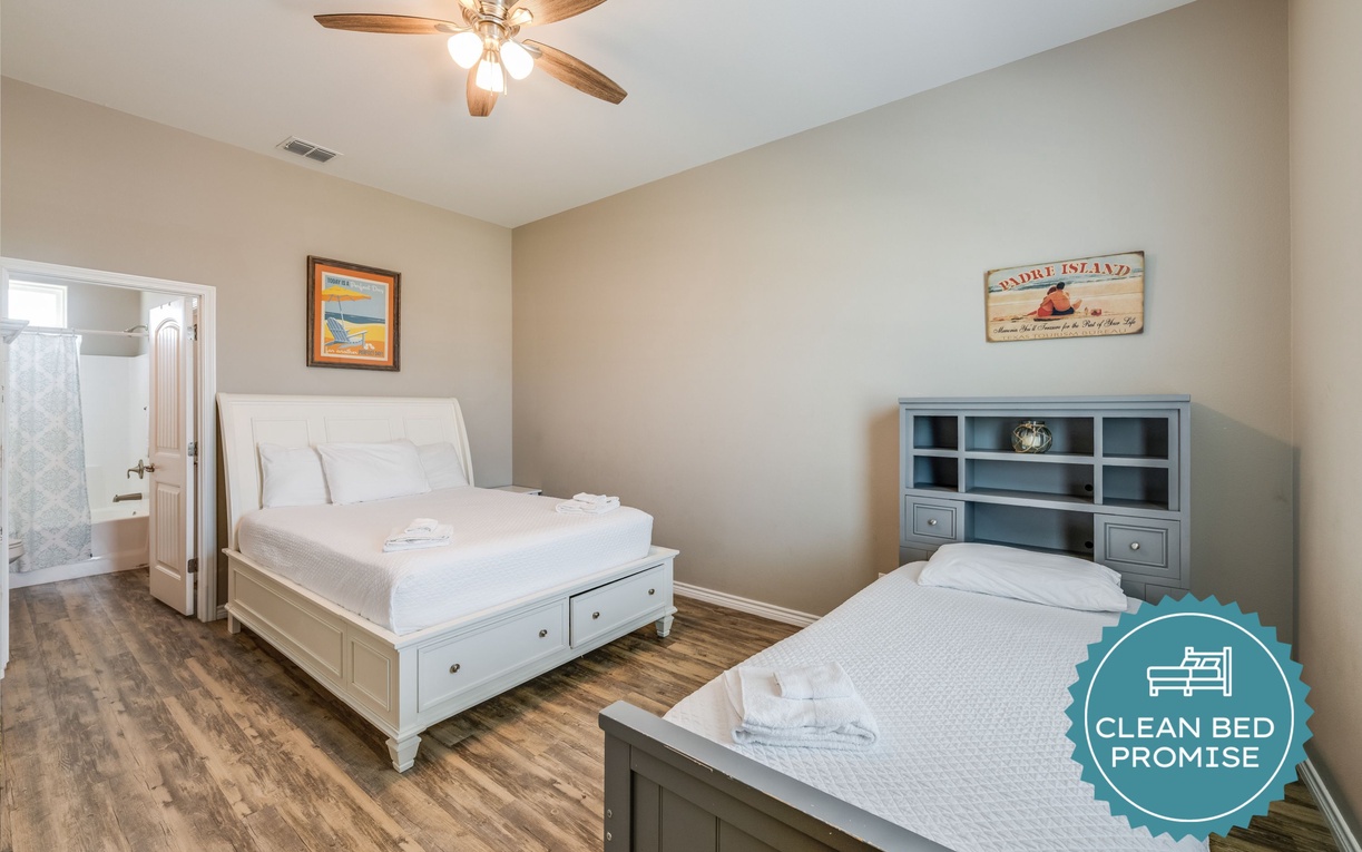 Sleep better at Padre Escapes with our exclusive Clean Bed Promise, providing fresh linens, comforters, and towels washed at high temperatures exceeding CDC recommendations, setting us apart for a truly restful vacation
