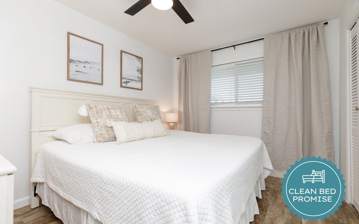 Sleep better at Padre Escapes with our exclusive Clean Bed Promise, providing fresh linens, comforters, and towels washed at high temperatures exceeding CDC recommendations, setting us apart for a truly restful vacation