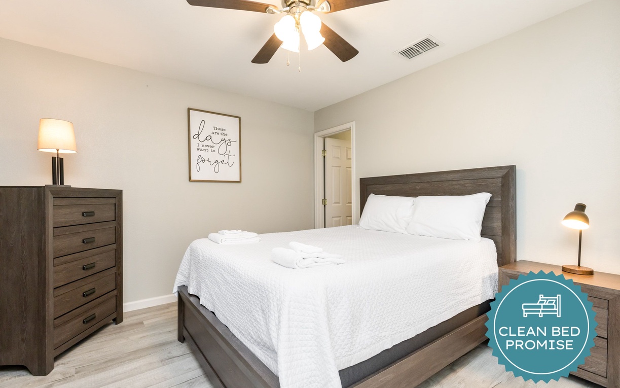 Sleep better at Padre Escapes with our exclusive Clean Bed Promise, providing fresh linens, comforters, and towels washed at high temperatures exceeding CDC recommendations, setting us apart for a truly restful vacation.