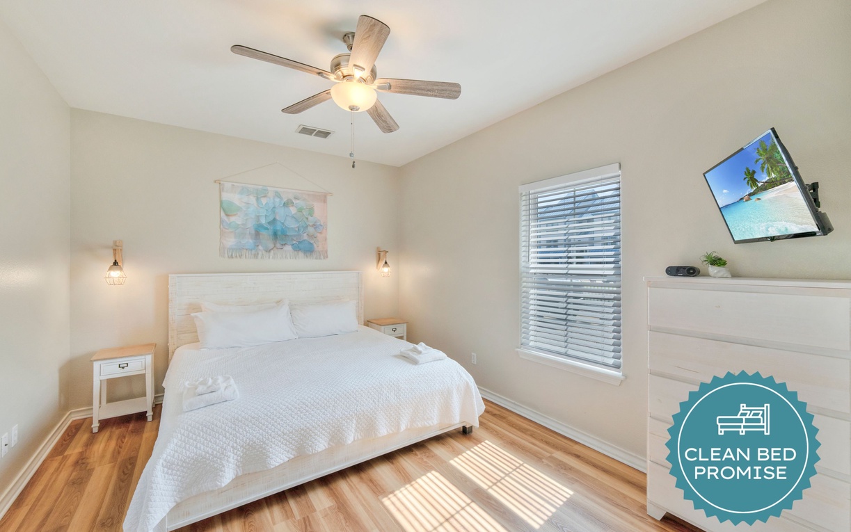 Sleep better at Padre Escapes with our exclusive Clean Bed Promise, providing fresh linens, comforters, and towels washed at high temperatures exceeding CDC recommendations, setting us apart for a truly restful vacation.