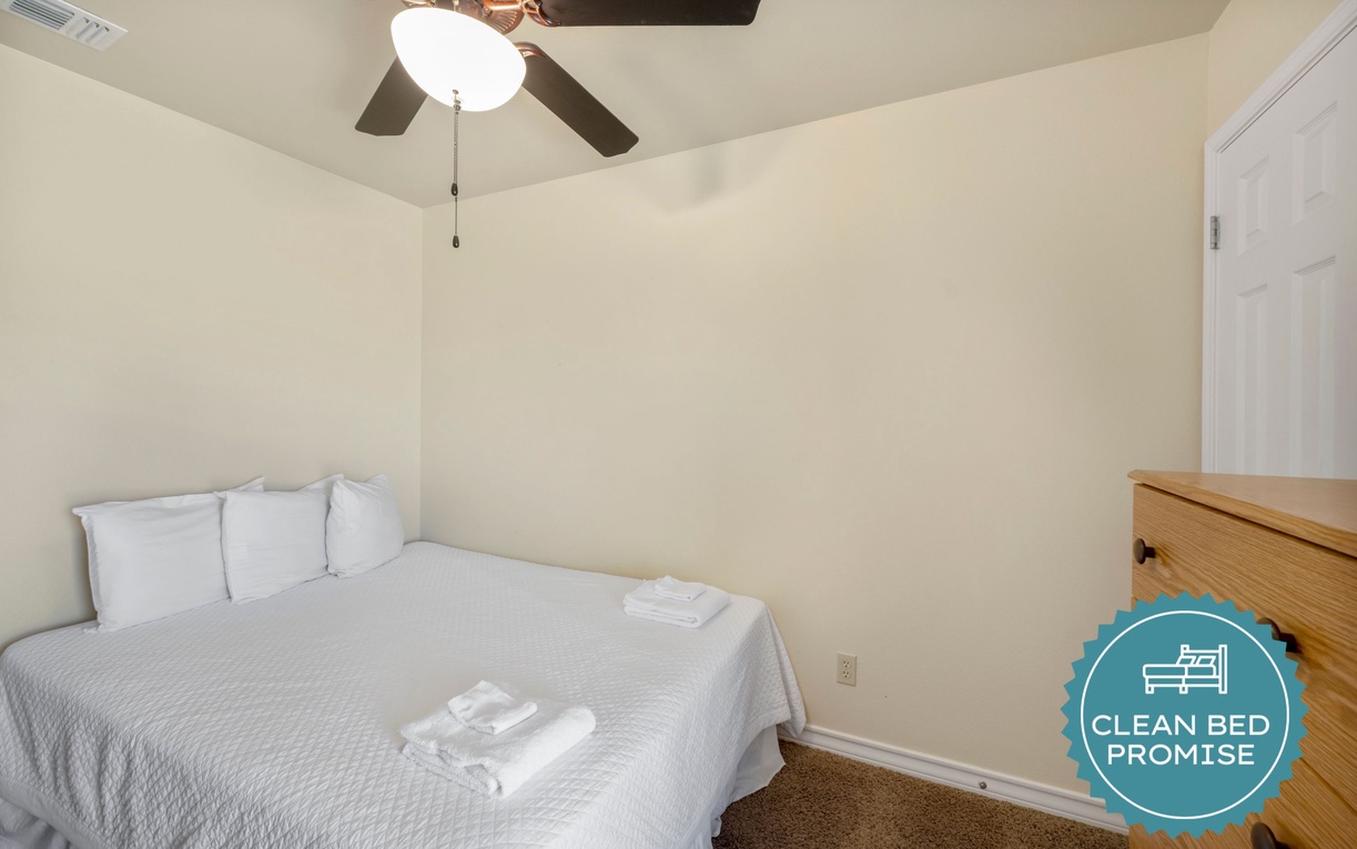 Sleep better at Padre Escapes with our exclusive Clean Bed Promise, providing fresh linens, comforters, and towels washed at high temperatures exceeding CDC recommendations, setting us apart for a truly restful vacation.
