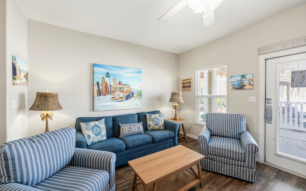 Sink into beachy coastal charm with crisp whites, nautical blues, and playful surf-inspired decor that set the perfect vacation tone from the moment you arrive.