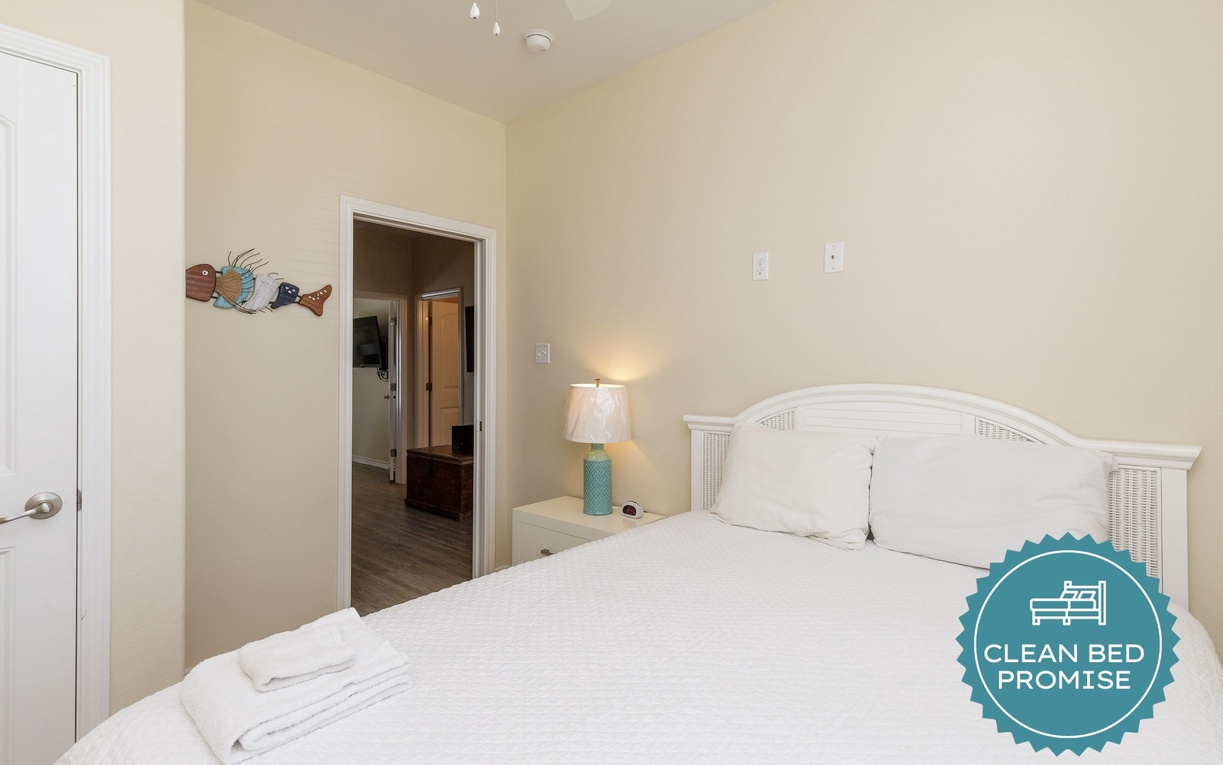 Sleep better at Padre Escapes with our exclusive Clean Bed Promise, providing fresh linens, comforters, and towels washed at high temperatures exceeding CDC recommendations, setting us apart for a truly restful vacation