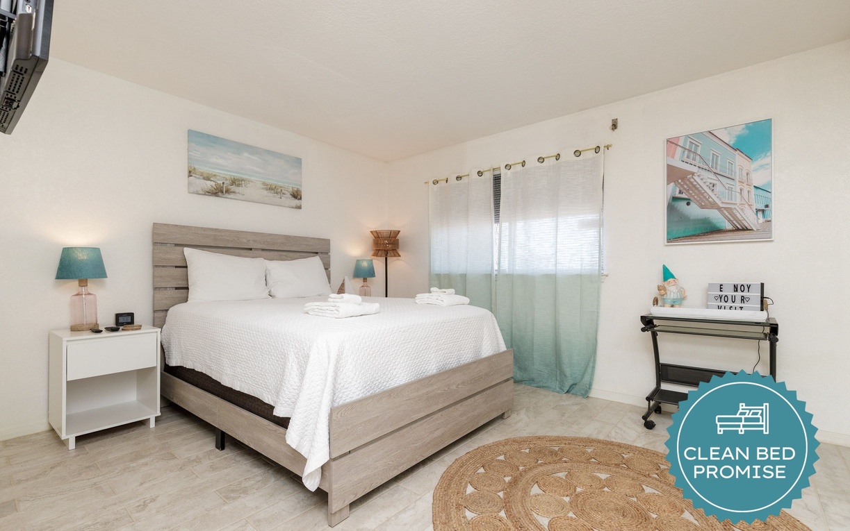 Sleep better at Padre Escapes with our exclusive Clean Bed Promise, providing fresh linens, comforters, and towels washed at high temperatures exceeding CDC recommendations, setting us apart for a truly restful vacation