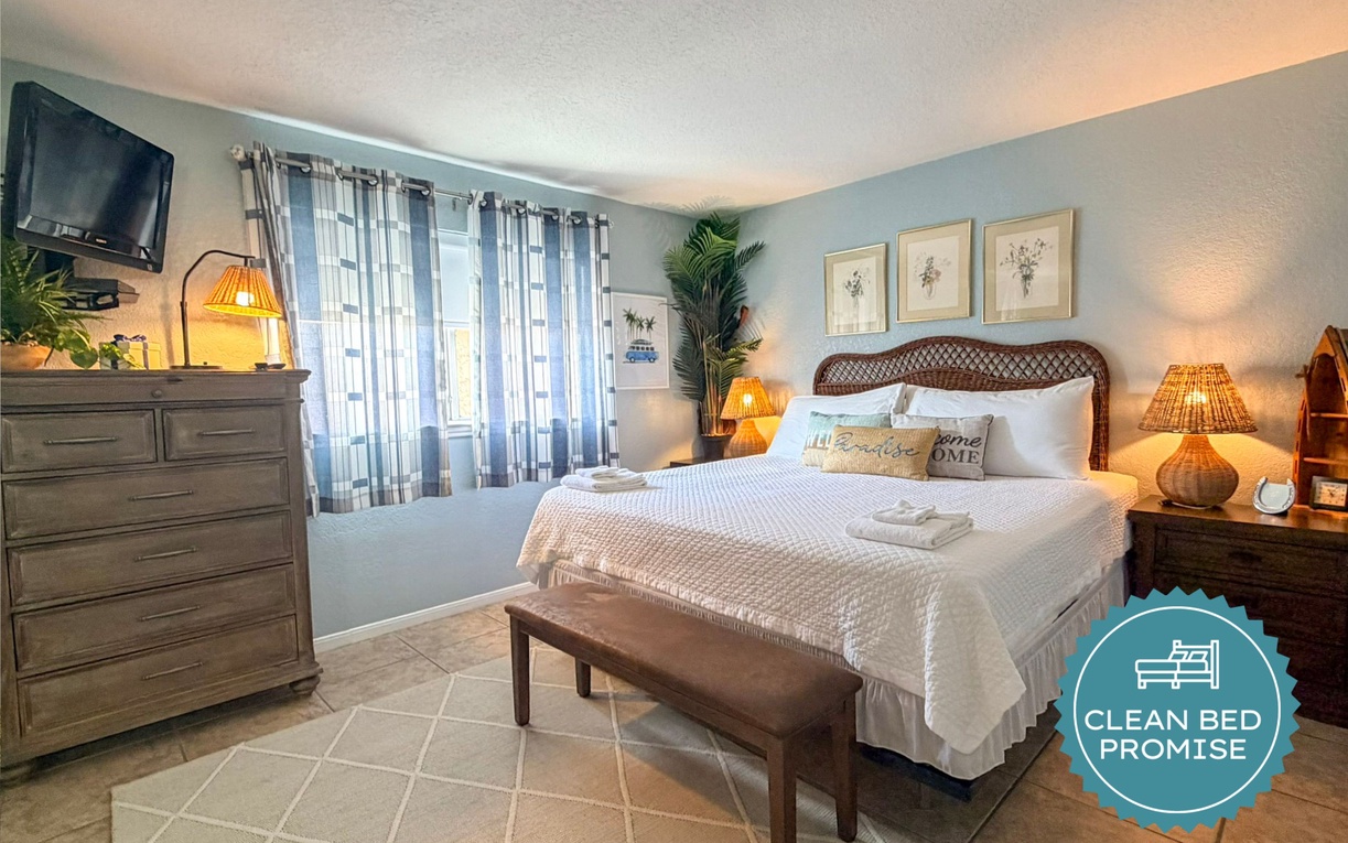 Sleep better at Padre Escapes with our exclusive Clean Bed Promise, providing fresh linens, comforters, and towels washed at high temperatures exceeding CDC recommendations, setting us apart for a truly restful vacation.