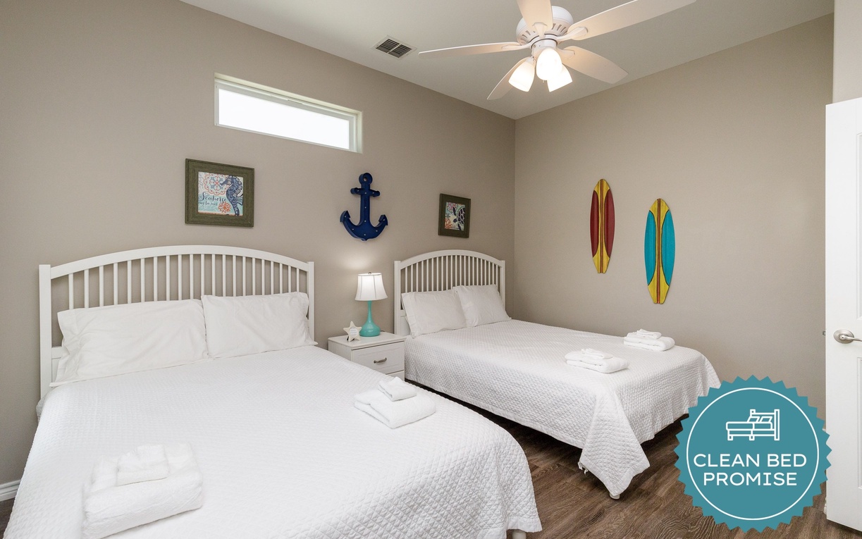 Sleep better at Padre Escapes with our exclusive Clean Bed Promise, providing fresh linens, comforters, and towels washed at high temperatures exceeding CDC recommendations, setting us apart for a truly restful vacation