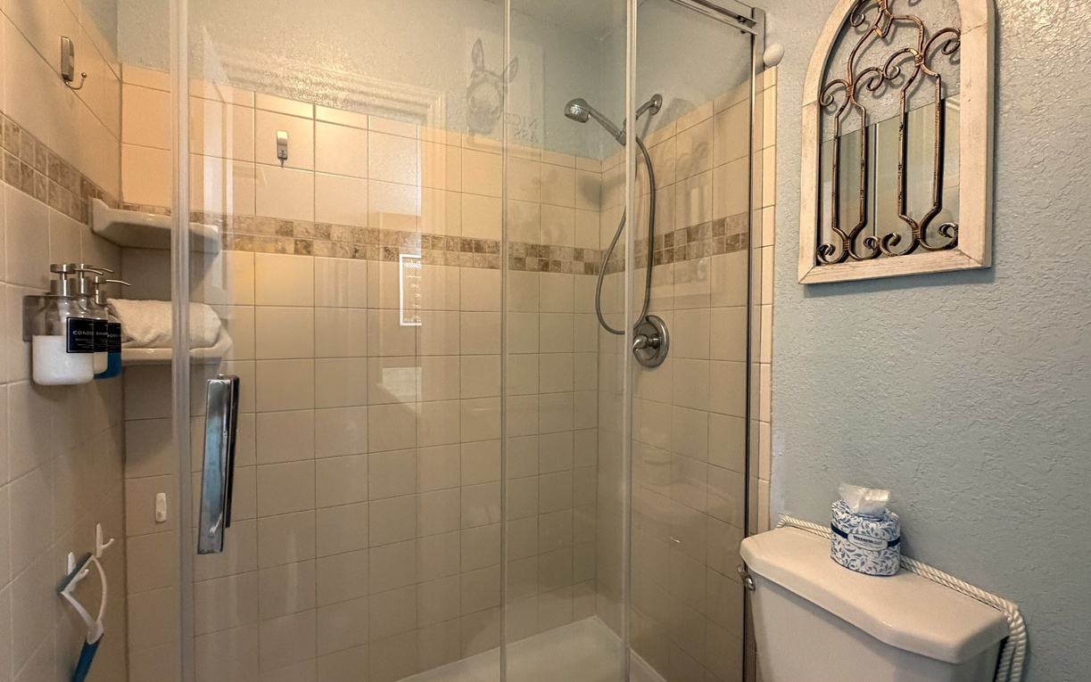 Step into your private bathroom featuring a spacious glass shower with thoughtful amenities and elegant decorative touches.