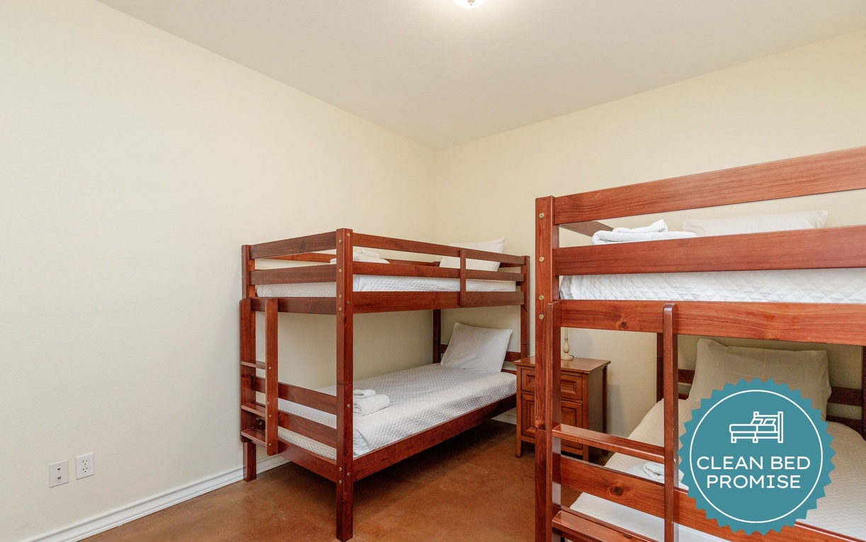 Sleep better at Padre Escapes with our exclusive Clean Bed Promise; providing fresh linens, comforters, and towels washed at high temperatures exceeding CDC recommendations, setting us apart for a truly restful vacation
